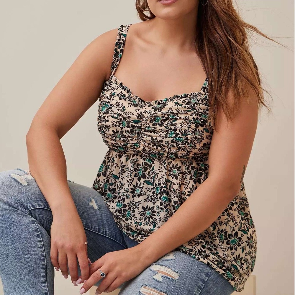 Torrid Babydoll Stretch Mesh Shirred Bodice Tank Beige Black Teal Botanical Sz 2